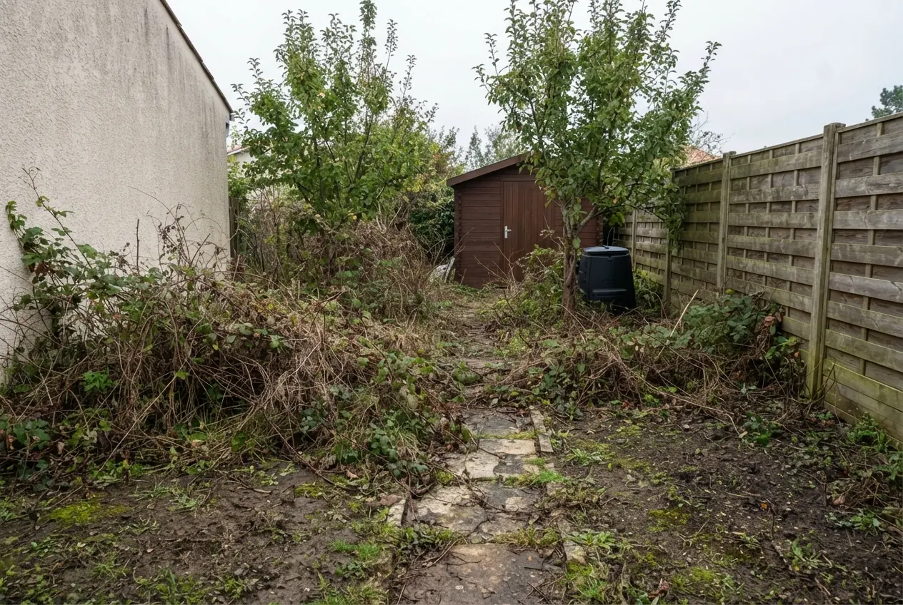 Jardin envahi avant débroussaillage à Niort