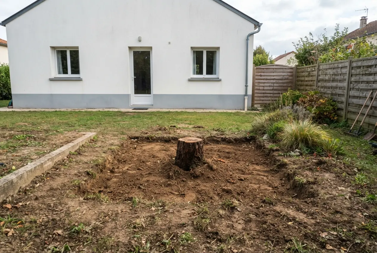 Souche visible avant rognage dans une parcelle à Bessines