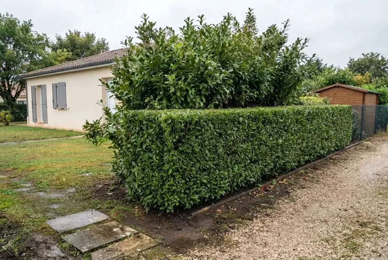 Haie de lauriers alignée après taille à Niort