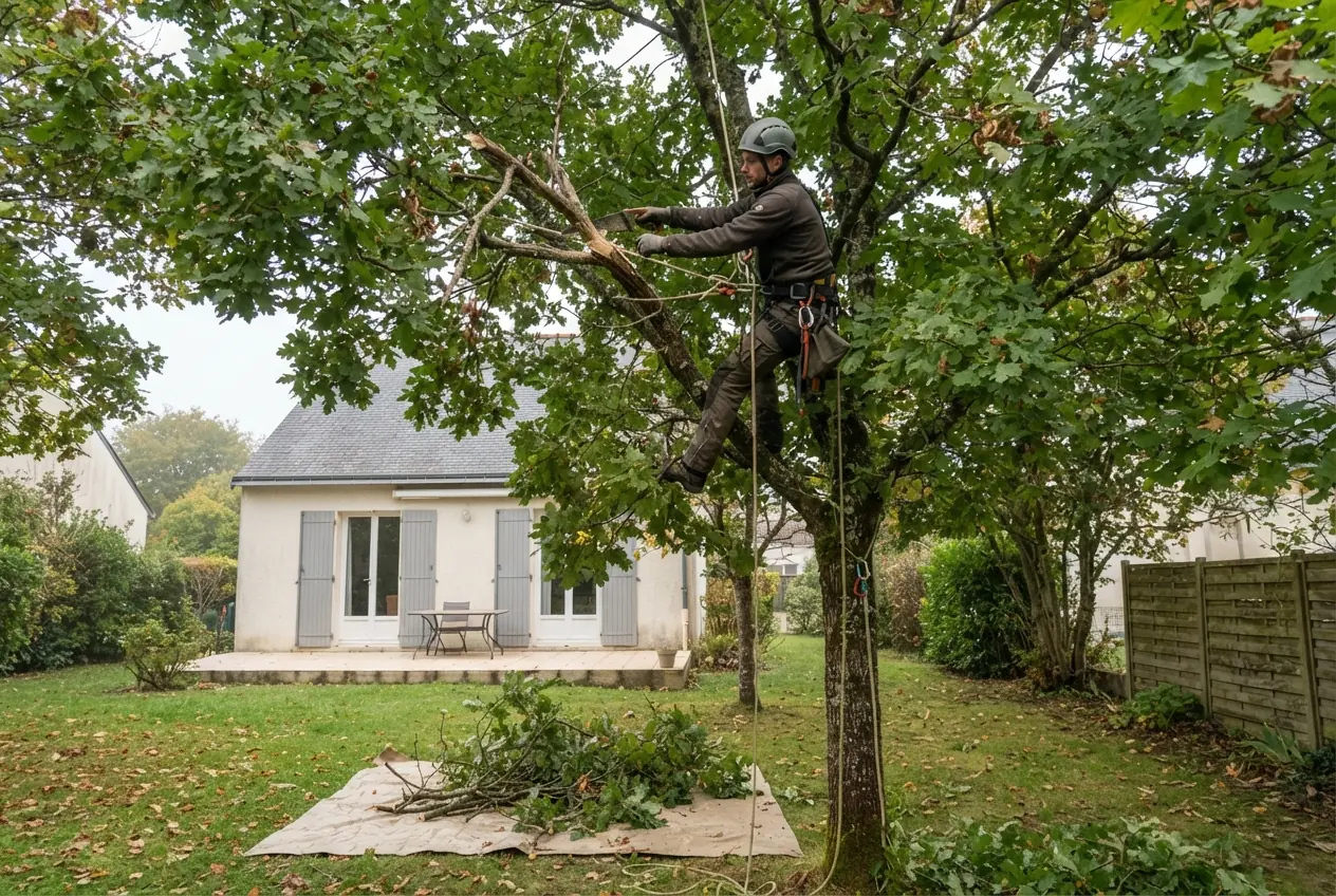 Élagueur taillant un arbre dans un jardin à Niort