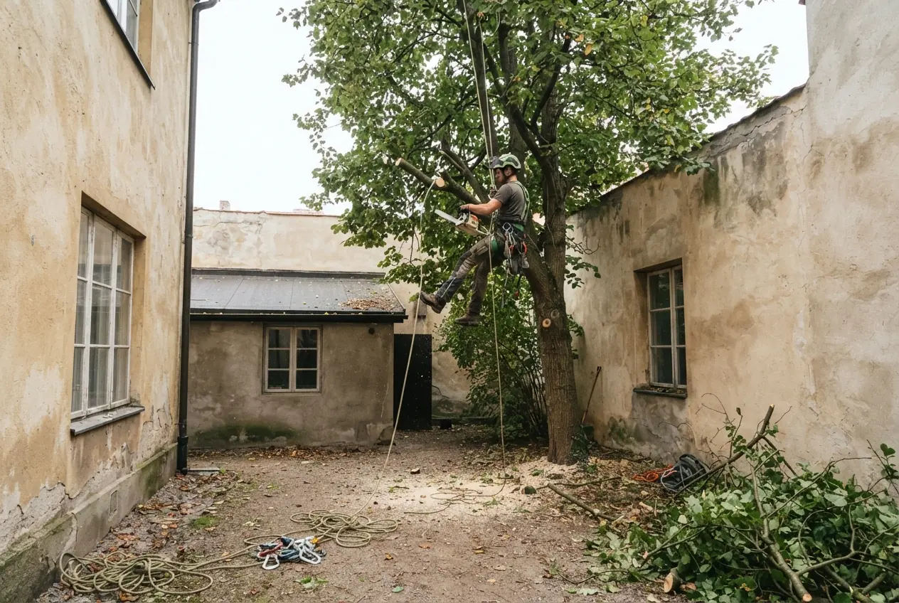 Élagueur grimpeur encordé dans un arbre à Échiré