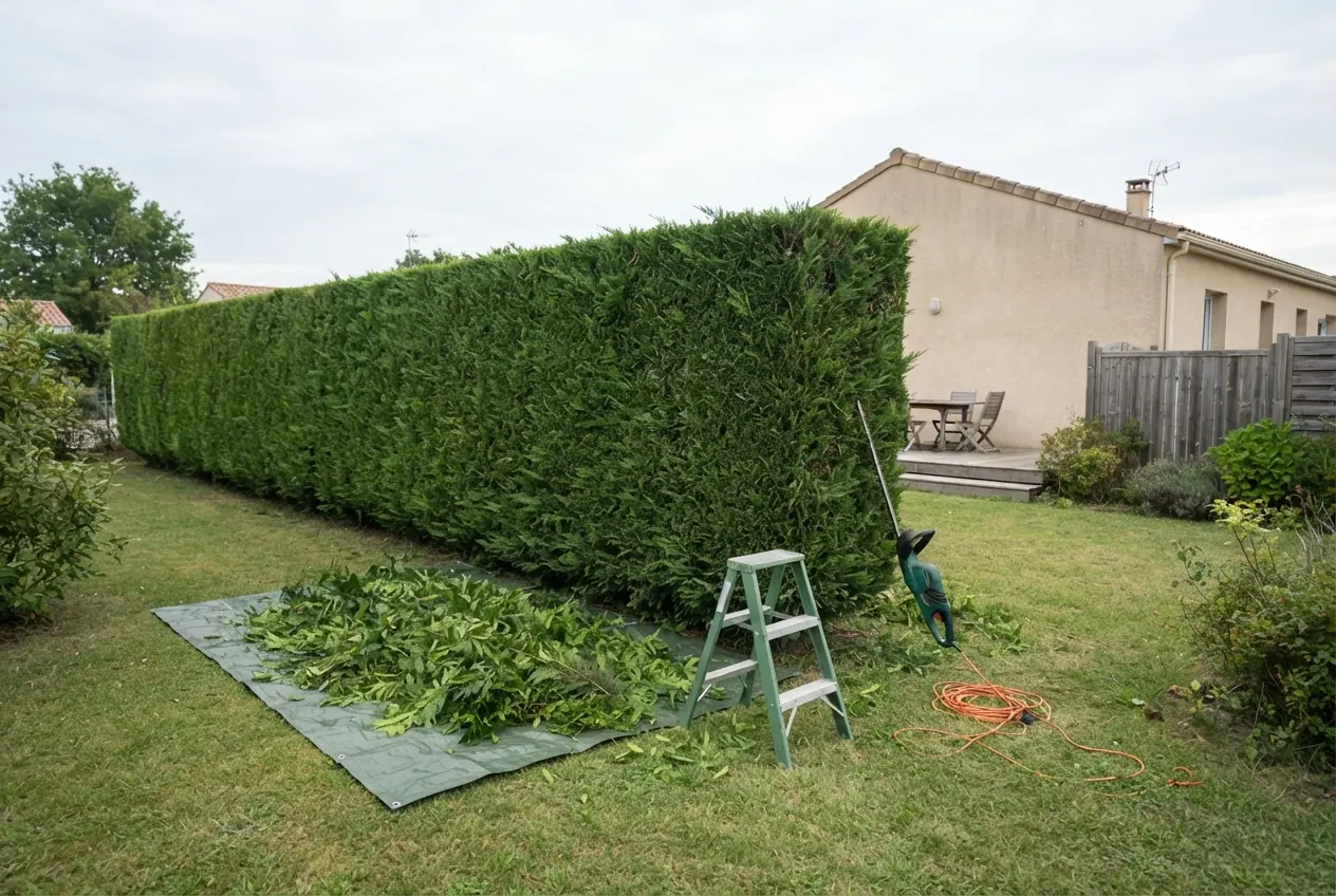 Taille de haie dans un jardin pavillonnaire à Échiré